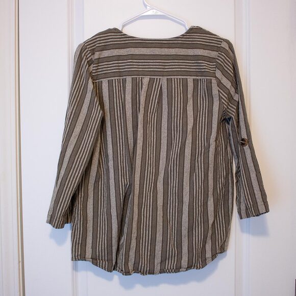 Artisan VTG Linen Top Striped Lagenlook Asymmetrical Pocket Shirt M Soft Autumn - Picture 2 of 7
